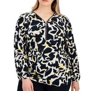 JM Collection Plus Size White, Black & Yellow Printed Zip-Front Top NWT
